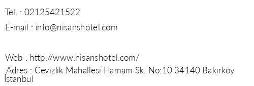 Nisans Hotel telefon numaralar, faks, e-mail, posta adresi ve iletiim bilgileri